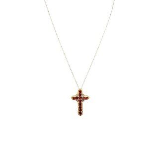VTG STS Karis Red Garnet Rhinestones Filigree Cross Pendant Chain Necklace